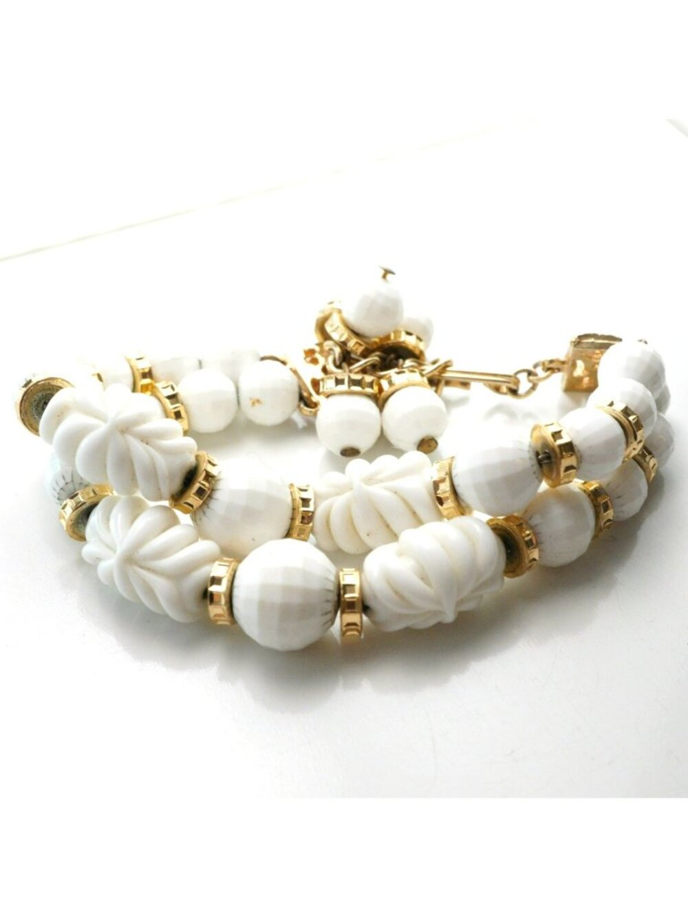 Vintage Hobe White Beaded Multi Strand Bracelet Gold Tone Dangle Charms